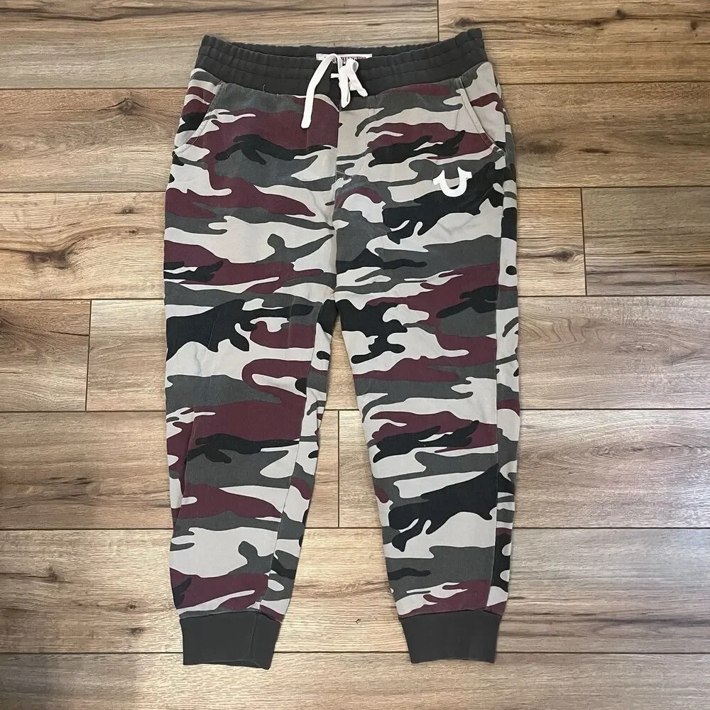 True Religion Camouflage Camo Joggers Sweatpants Loose Fit Red Gray Men's L